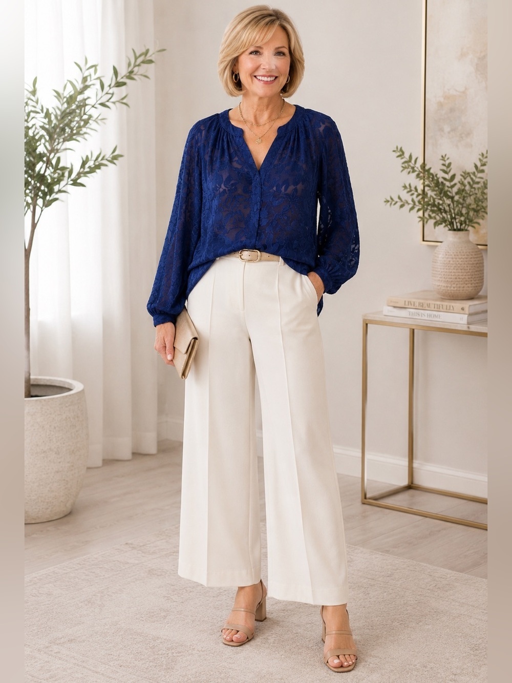 Chico’s Royal Blue Sheer Floral Blouse Elegant Career Casual Top